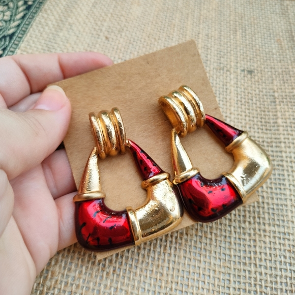 Gold and Red Statement Earrings - Picture 6 of 15